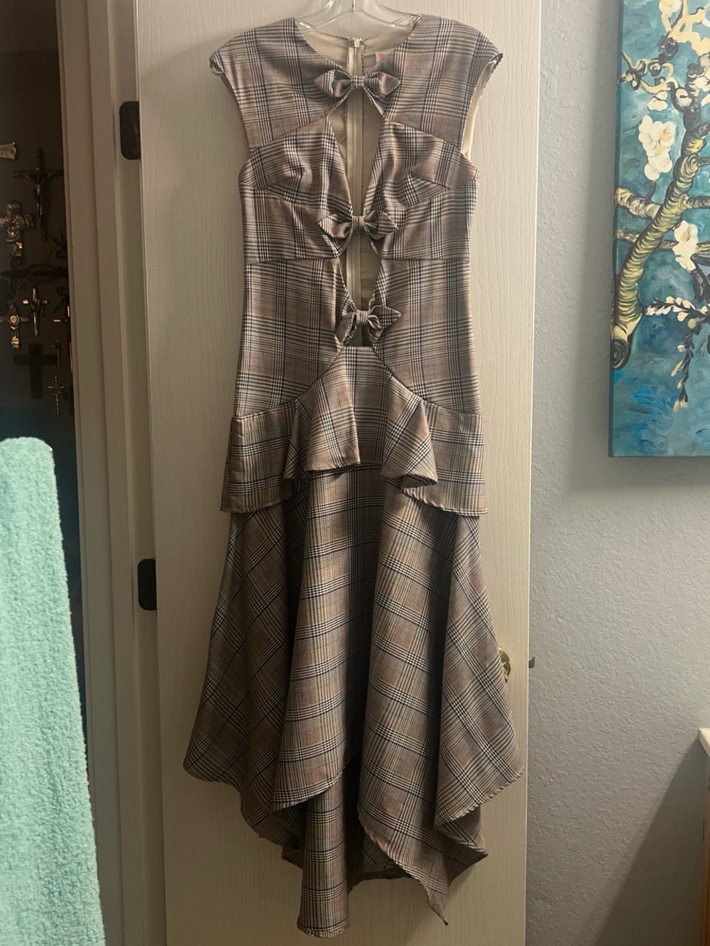 L'ATISTE Taupe Plaid Bow-Accent High-Low Dress
